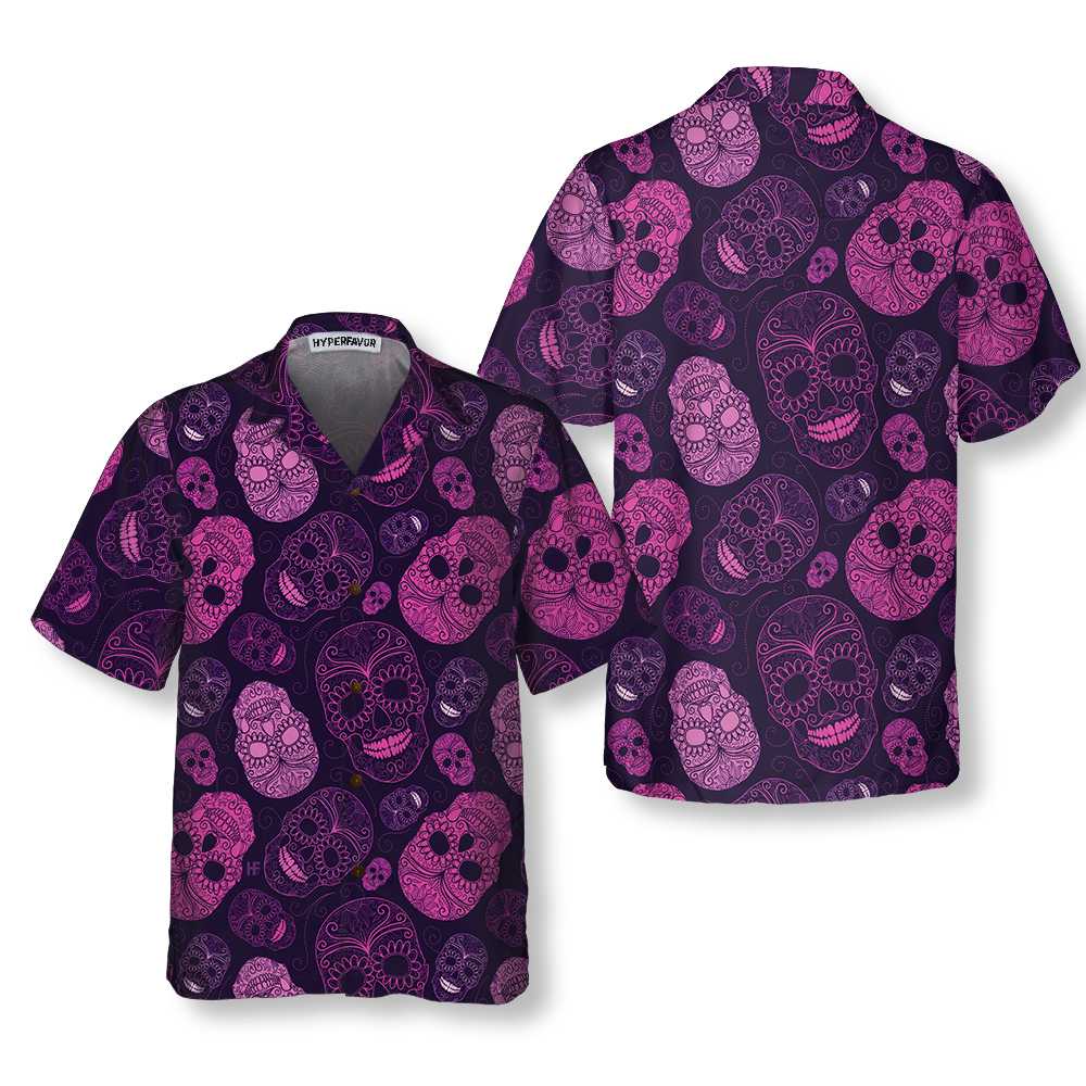 Purple Midnight Sugar Skull Hawaiian Shirt, Unique Day Of The Dead Skull Shirt For Men And Women - Hyperfavor