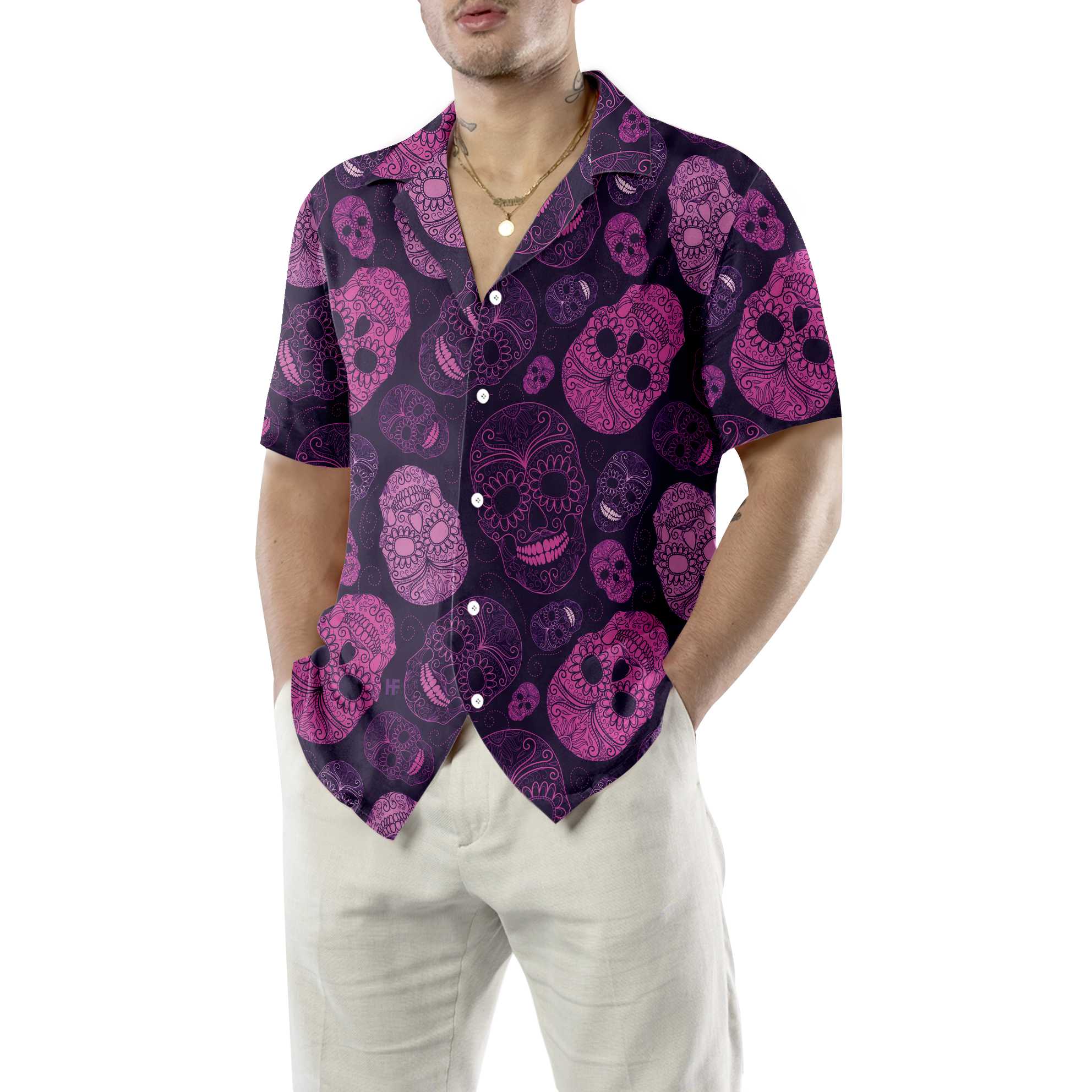 Purple Midnight Sugar Skull Hawaiian Shirt, Unique Day Of The Dead Skull Shirt For Men And Women - Hyperfavor