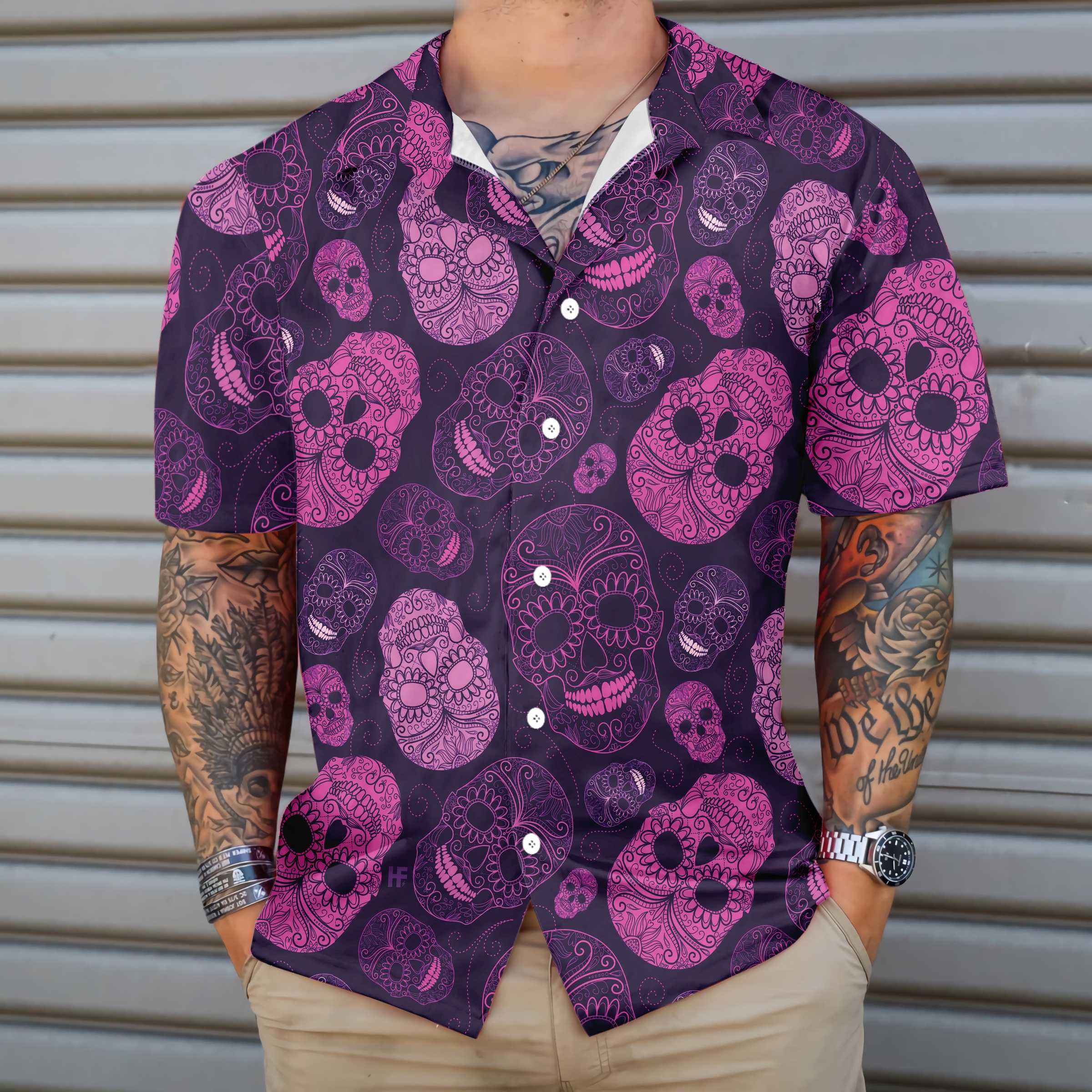 Purple Midnight Sugar Skull Hawaiian Shirt, Unique Day Of The Dead Skull Shirt For Men And Women - Hyperfavor
