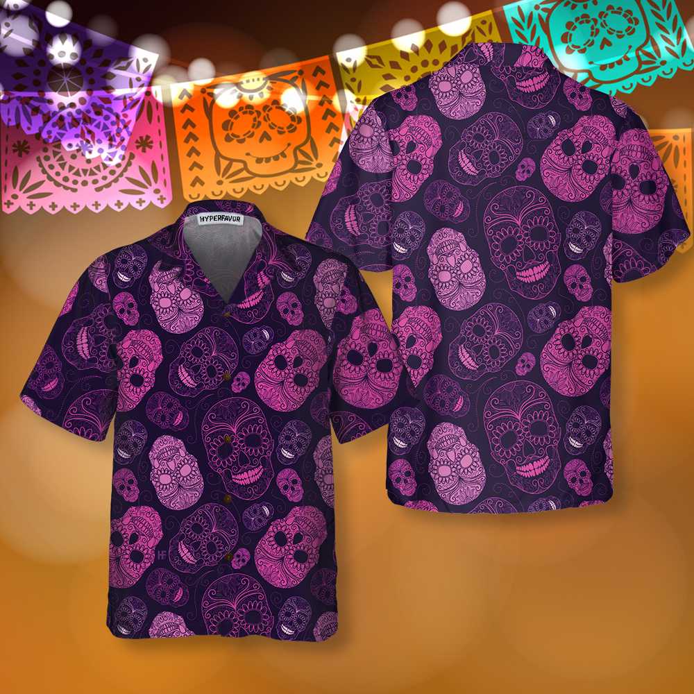 Purple Midnight Sugar Skull Hawaiian Shirt, Unique Day Of The Dead Skull Shirt For Men And Women - Hyperfavor