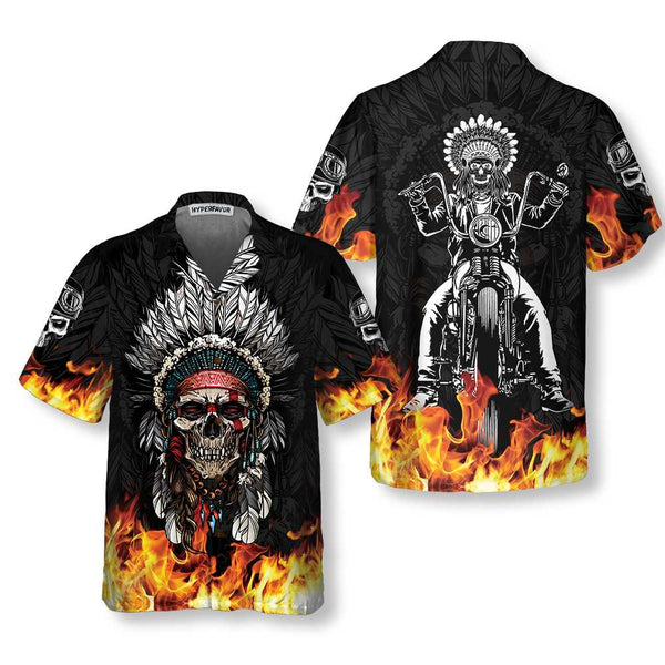 Racing Indian Skull Fire Hawaiian Shirt, Flame Skull Biker