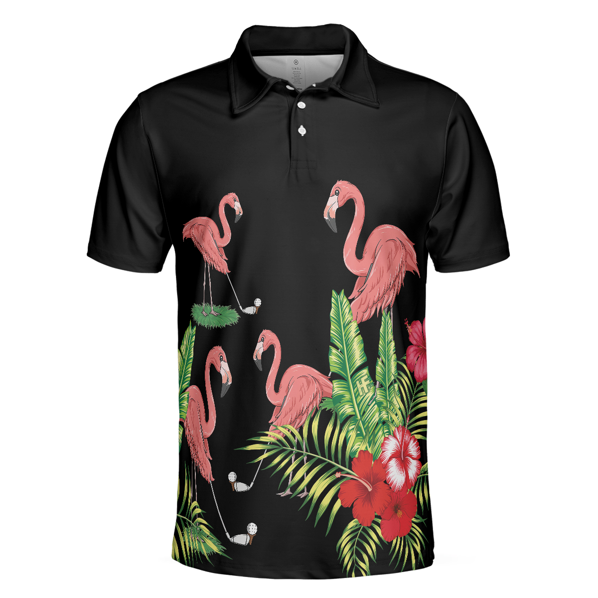 Flamingo Playing Golf And Tropical Pattern Polo Shirt, Pink Flamingo Short Sleeve Polo Shirt For Golfers - Hyperfavor