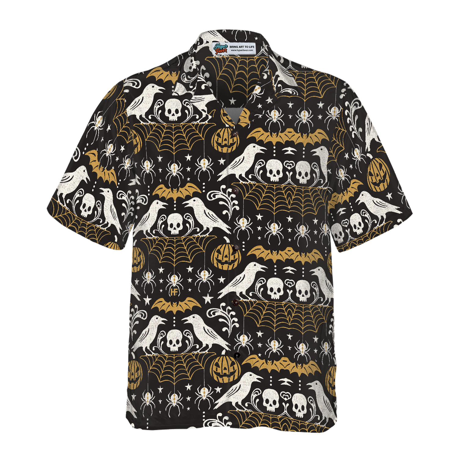 Halloween Eve Black Hawaiian Shirt For Men, Pumpkin Bat Crow Spider Web Skull Hawaiian Shirt - Hyperfavor