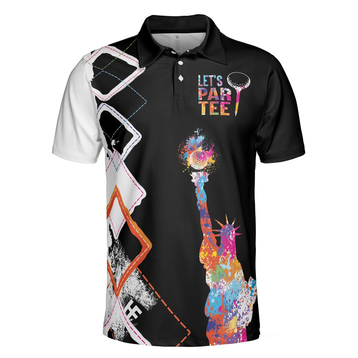 Let's Par Tee Colorful Lady Liberty Patriotic Golfer Polo Shirt, Black And White Argyle Pattern Golf Shirt For Men - Hyperfavor