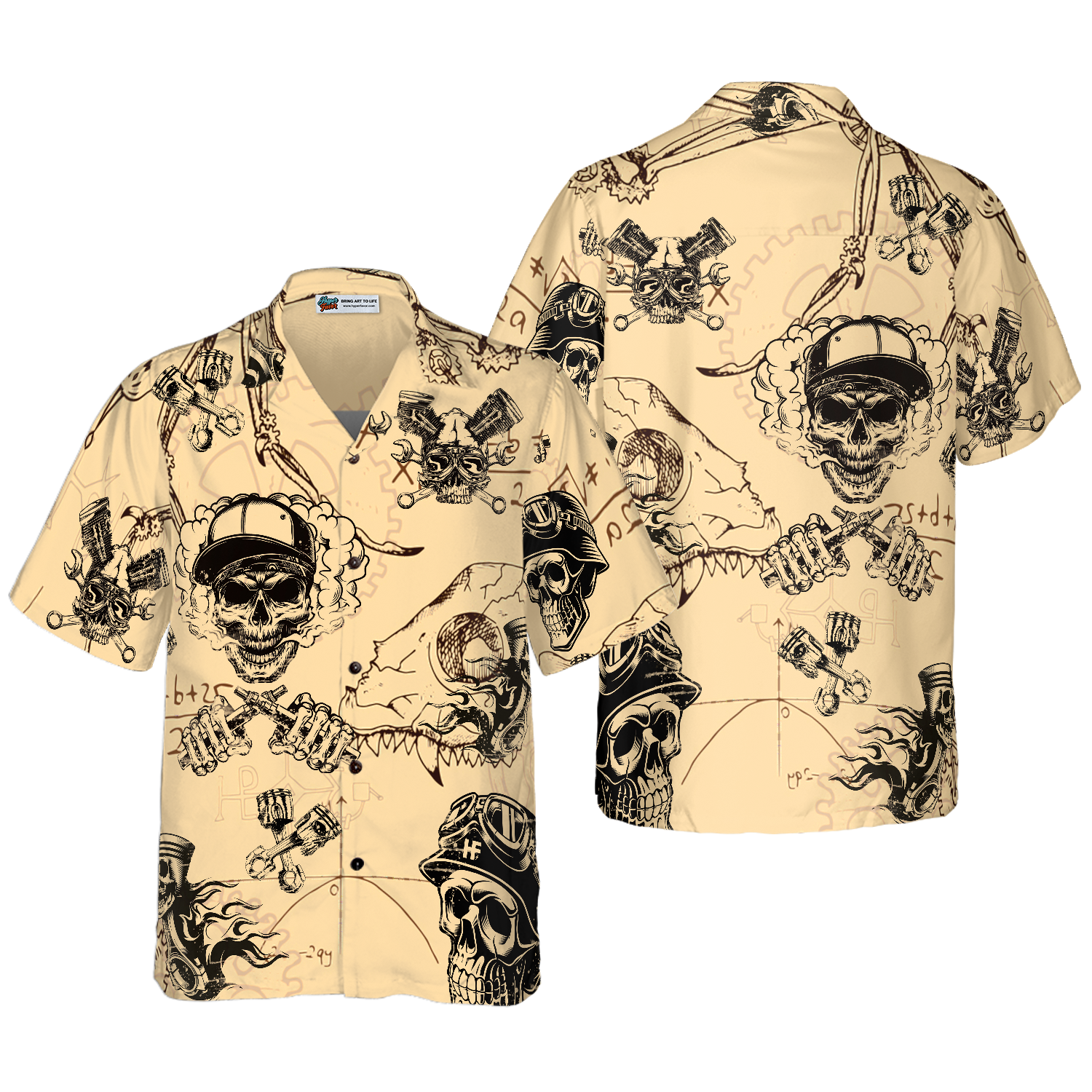 Skull On Retro Mechanism Background Hawaiian Shirt - Hyperfavor