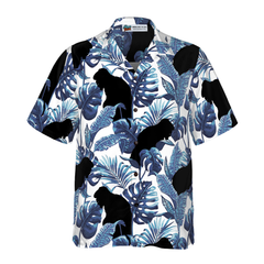 Bigfoot & The Blue Leaves Bigfoot Hawaiian Shirt, White And Navy Blue Tropical Floral Bigfoot Shirt For Men - Hyperfavor