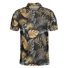 Seamless Luxury Tropical Pattern Golf Polo Shirt, Black And Gold Best Floral Golf Shirt For Men - Hyperfavor