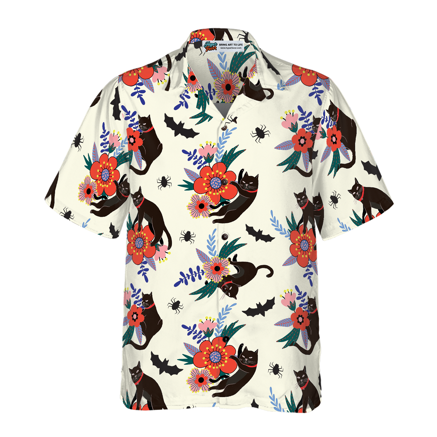 Black Bats And Cats Hawaiian Shirt - Hyperfavor