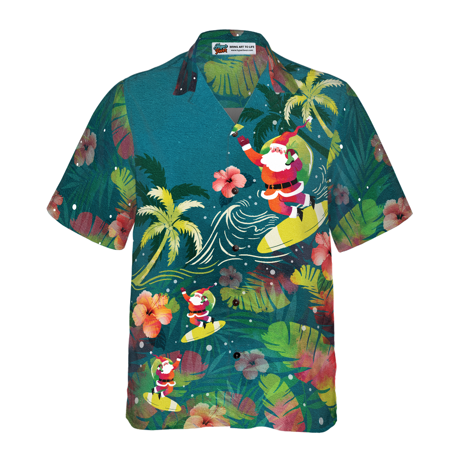 Hyperfavor Christmas Hawaiian Shirts For Men and Women, Santa Surfing Tropical Hawaiian Shirt Button Down Shirt Short Sleeve - Hyperfavor