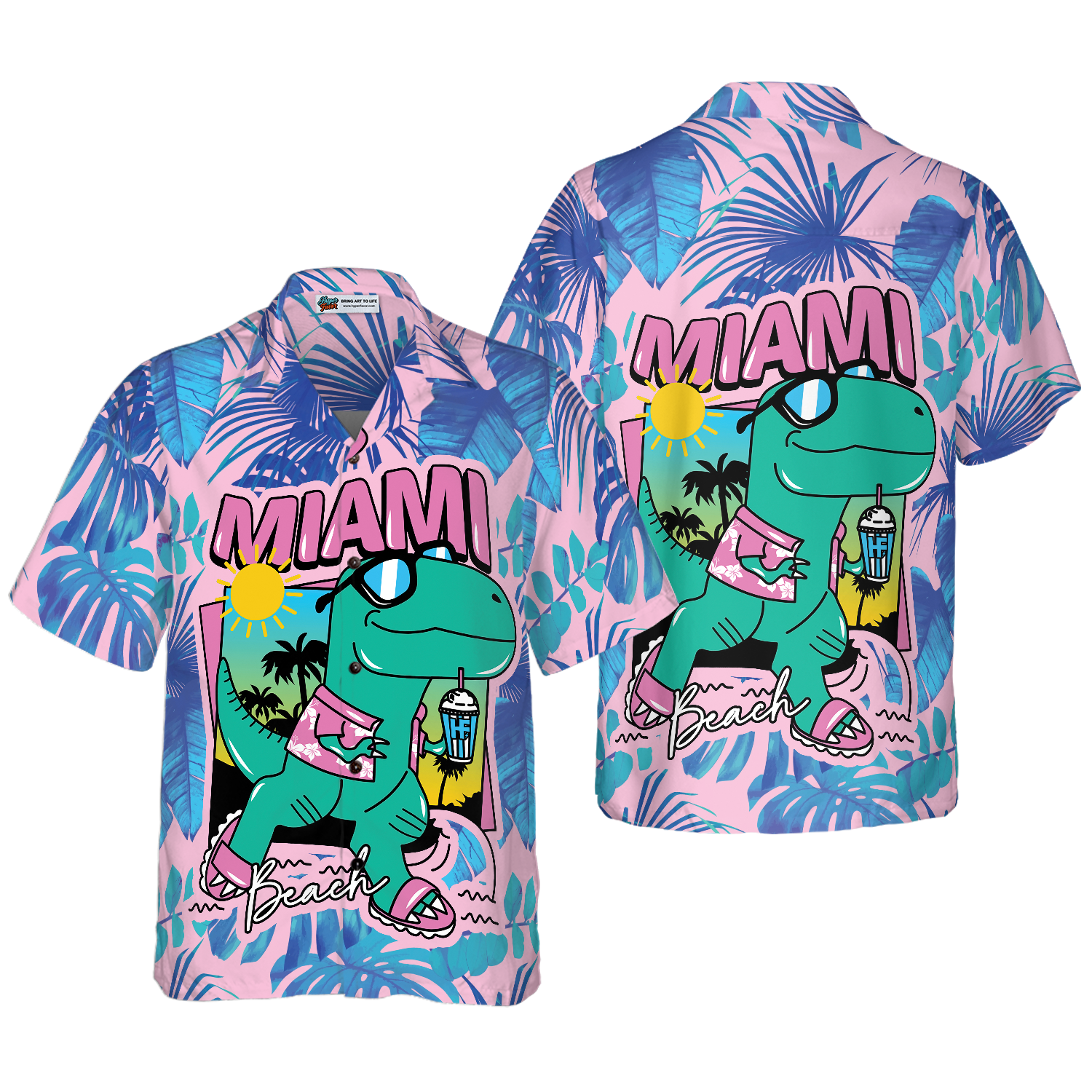 Miami South Beach Cool T- Rex Dinosaur Hawaiian Shirt - Hyperfavor