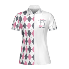 Jesus Is My Savior Golf Is My Therapy Short Sleeve Women Polo Shirt, Argyle Pattern Golf Shirt For Ladies - Hyperfavor