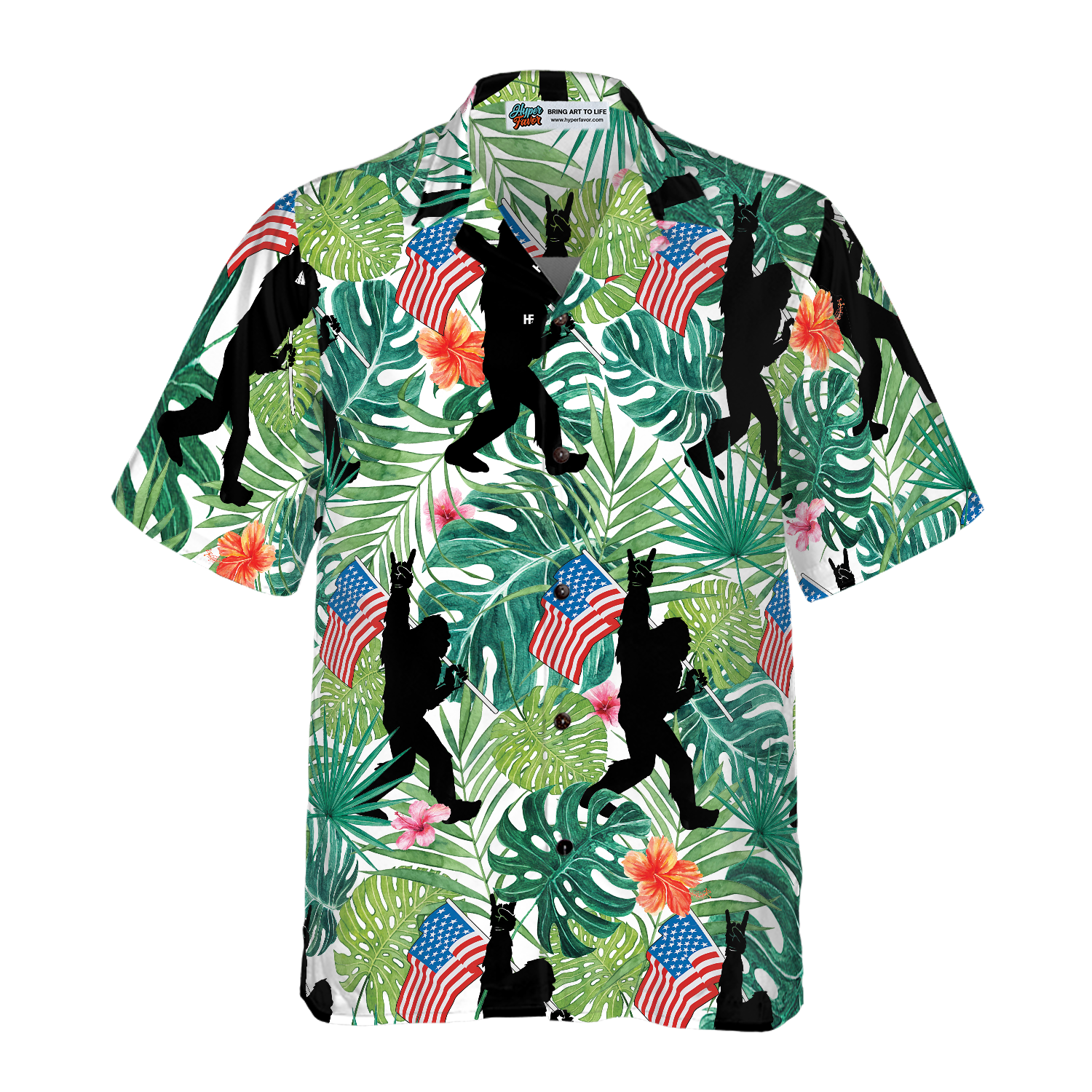 Bigfoot Tropical Hold USA Flag Bigfoot Hawaiian Shirt, Floral American Flag Bigfoot Shirt For Men - Hyperfavor