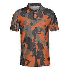 Orange Camouflage Tennis Polo Shirt, Tennis Player Silhouette Pattern Polo Shirt, Camo Golf Shirt For Men - Hyperfavor