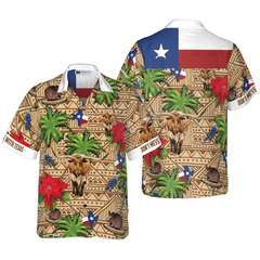 Brown Tribal Pattern Texas Hawaiian Shirt White Neck Version, Don't Mess With Texas Armadillo and Longhorn Texas State Shirt For Men - Hyperfavor