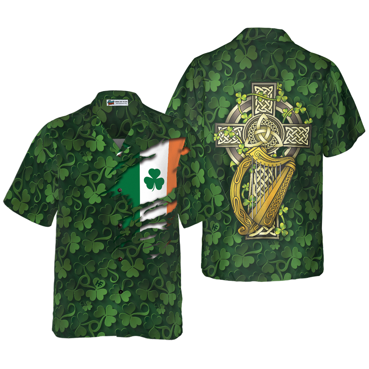 Saint Patrick's Day Shamrock Celtic Cross Harp Irish Hawaiian Shirt - Hyperfavor