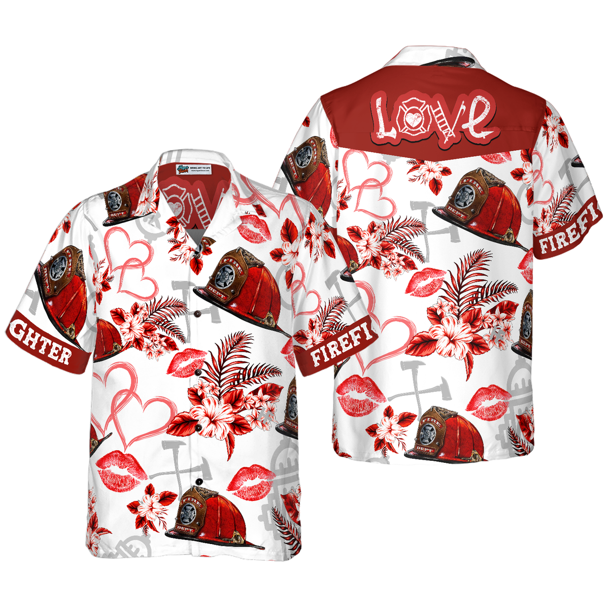 Love Firefighter Helmet Valentine Hawaiian Shirt, Pink Heart Red Floral Firefighter Hawaiian Shirt For Men - Hyperfavor