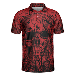 Skull Crow Black And Red Short Sleeve Polo Shirt, Dark Forrest Skull Crow Shirt For Men - Hyperfavor