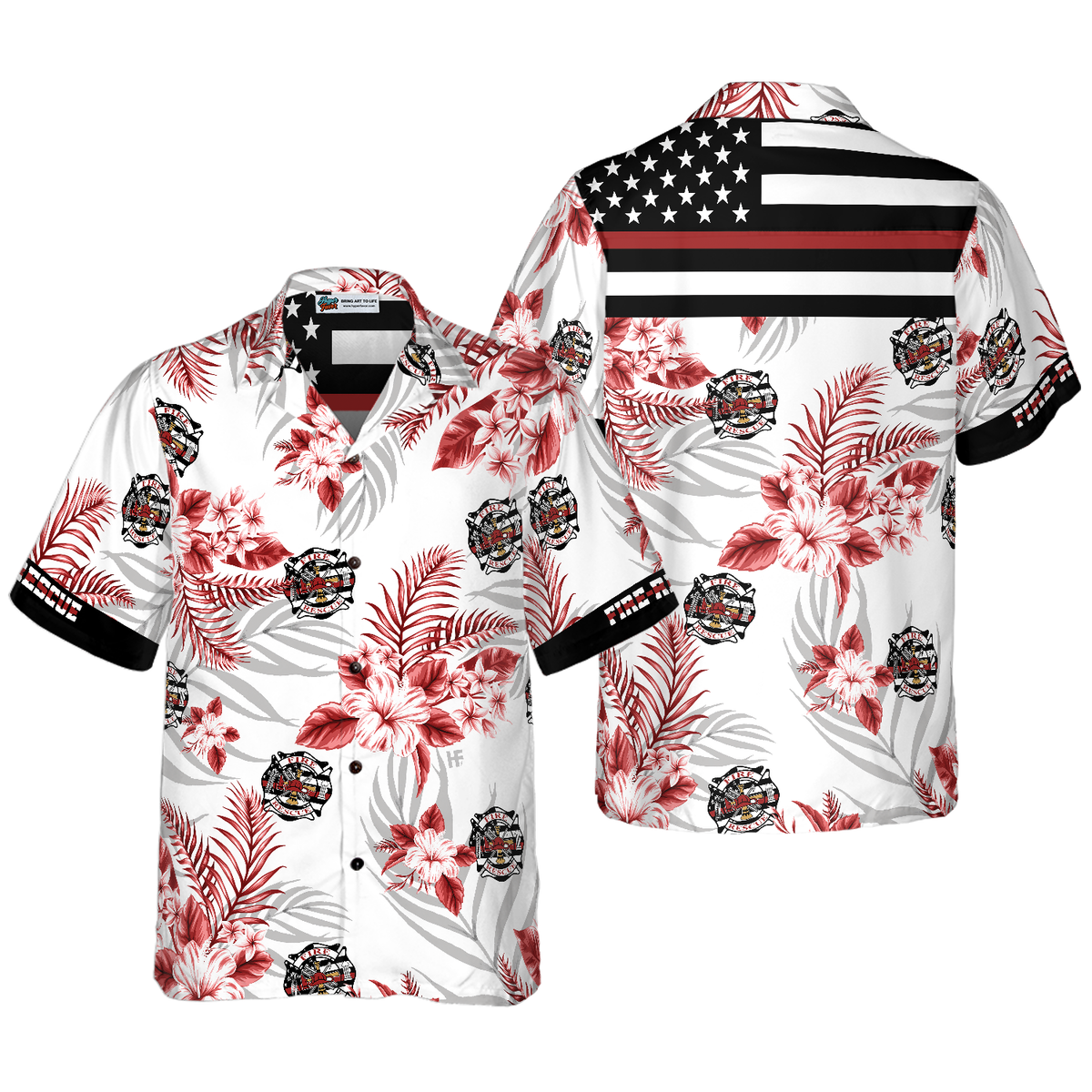 The Red Line Black American Flag Firefighter Hawaiian Shirt, Red Texas Bluebonnet Fire Dept Logo Firefighter Shirt For Men - Hyperfavor