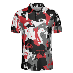 Red And White Camouflage Golf Short Sleeve Polo Shirt, Golfer Silhouette Polo Shirt, Camo Golf Shirt For Men - Hyperfavor