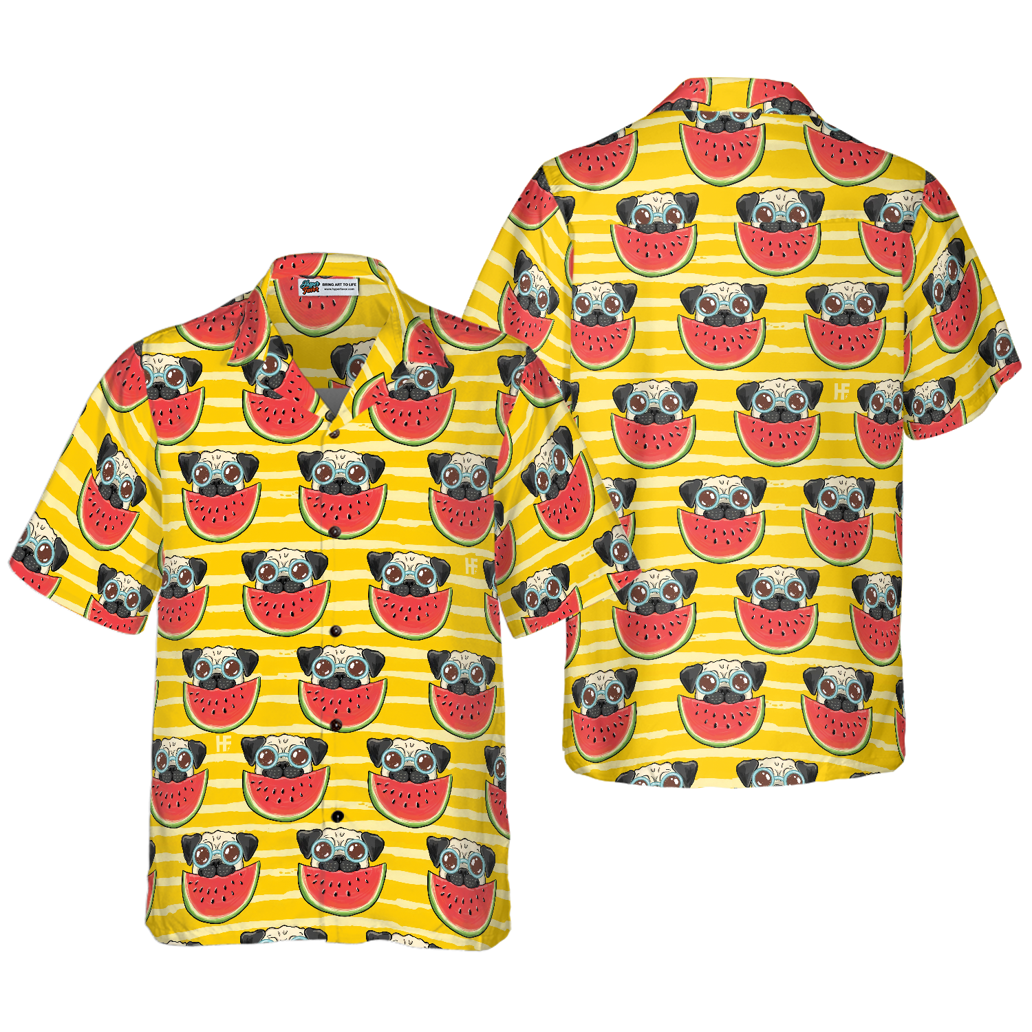 Pug Watermelon Yellow Background Hawaiian Shirt - Hyperfavor