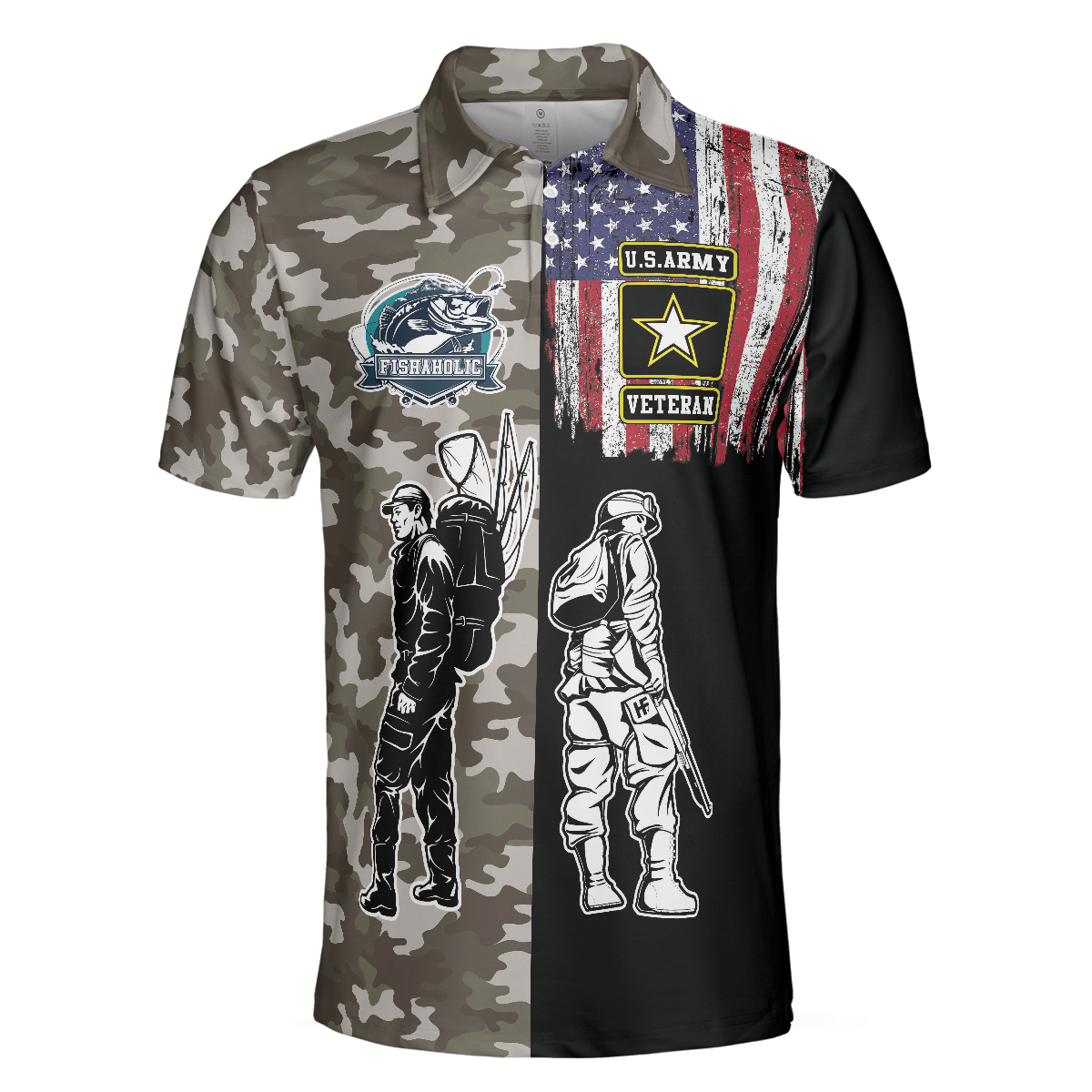 Veteran Fishing With American Flag Polo Shirt, Camouflage Veteran Fisher Sketching Polo Shirt, Patriotic Fishing Shirt For Men - Hyperfavor