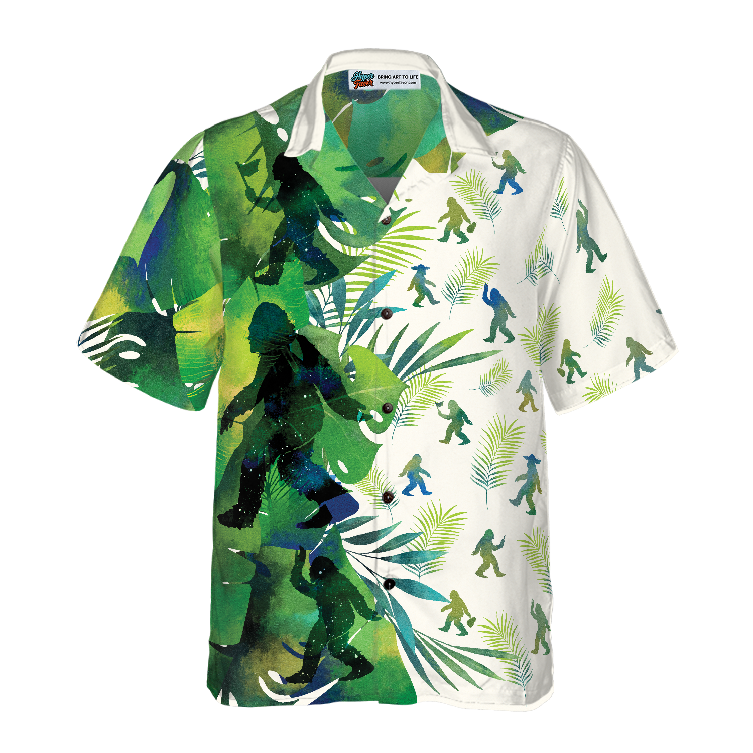 Bigfoot Silhouettes in Tropical Hawaiian Shirts for Men, Green Sasquatch Shirts - Hyperfavor