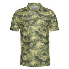 Camouflage Dinosaur Pattern Short Sleeve Polo Shirt, Camo Military Polo Shirt, Best Dinosaur Shirt For Men - Hyperfavor