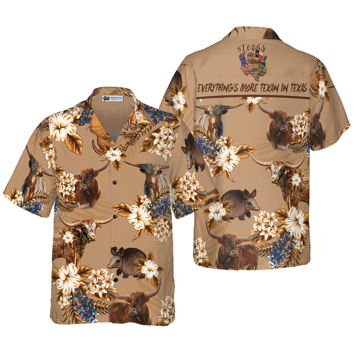 Armadillo And Longhorn Texas Hawaiian Shirt For Men, Everything's More Texan In Texas, Proud Texas State Flag Shirt - Hyperfavor