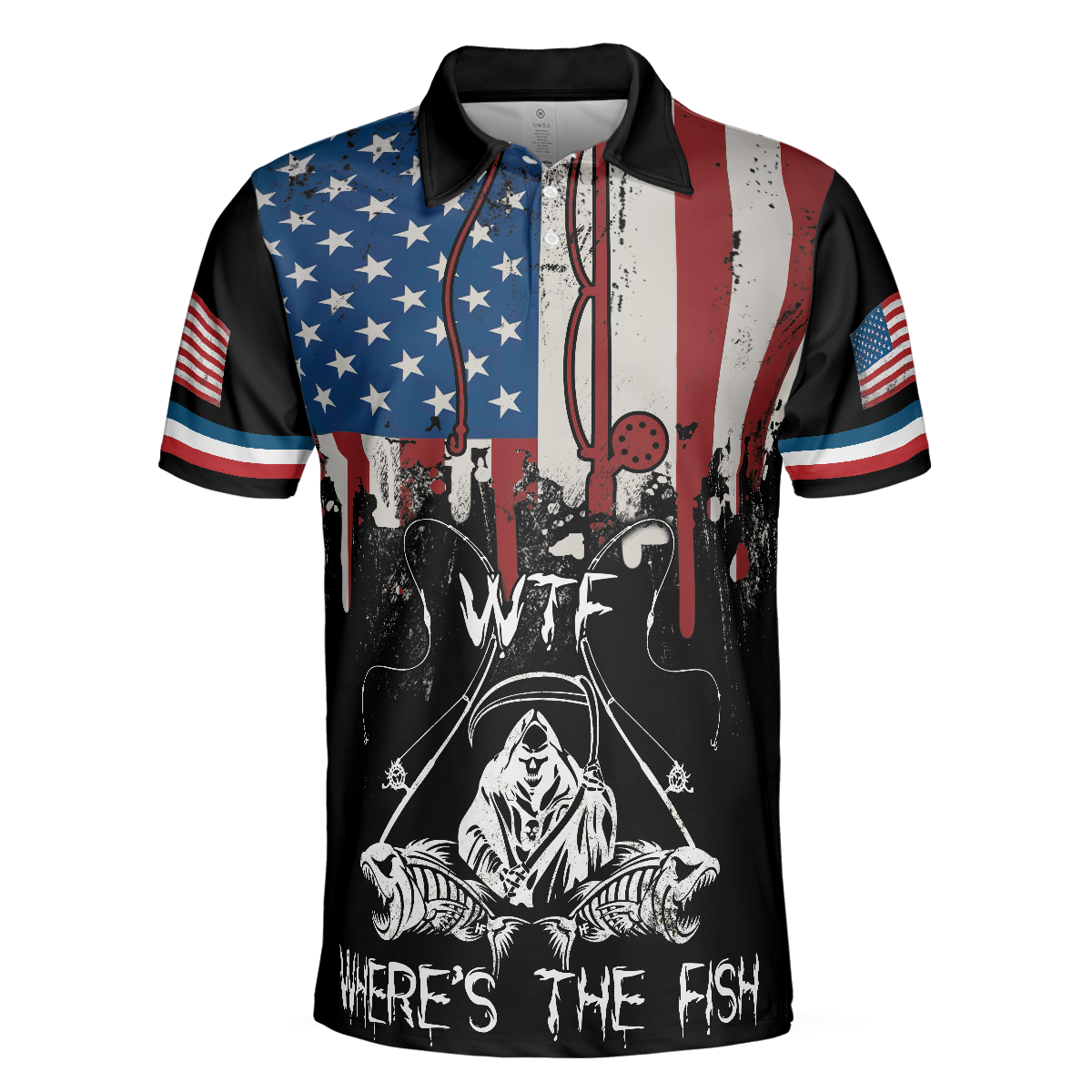 Woman Want Me Fishes Fear Me White Version Polo Shirt, Fish Skeleton Reaper American Flag Polo Shirt, Best Fishing Shirt For Men - Hyperfavor