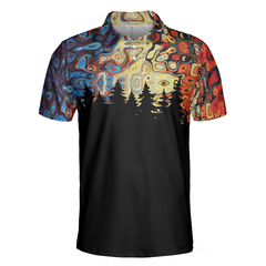 Sky Wavy Abstract Seamless Pattern Polo Shirt, Silhouette Pine Forest Polo Shirt, Black Golf Shirt For Men - Hyperfavor