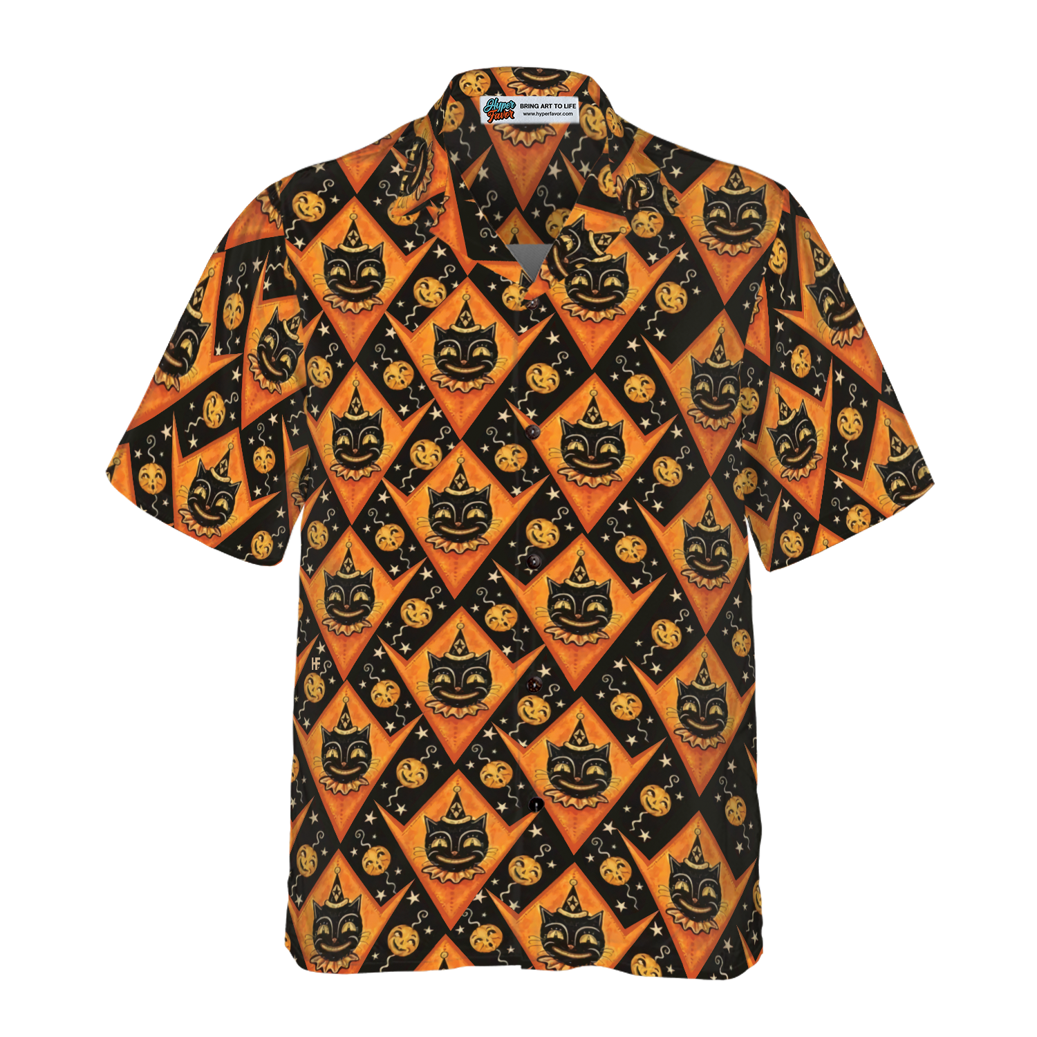 Grinning Black Cats Halloween Hawaiian Shirt For Men, Black And Pumpkin Orange Harlequin Pattern Hawaiian Shirt - Hyperfavor