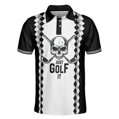 Just Golf It Skull Short Sleeve Golf Polo Shirt, Black And White Golf Shirt For Men - Hyperfavor