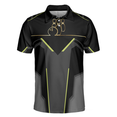 Strike Black And Golden Pattern Bowling Short Sleeve Polo Shirt, Digital Polo Shirt, Best Bowling Shirt For Men - Hyperfavor