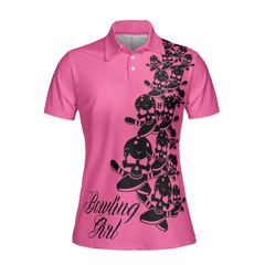 Bowling Girl Skull Short Sleeve Women Polo Shirt, Pink Skull Pattern Bowling Shirt For Female Players - Hyperfavor