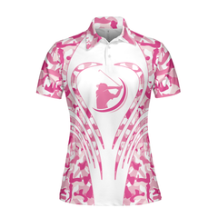 White Pink Camouflage Thinning Layout Golf Short Sleeve Women Polo Shirt, Best Golf Shirt For Female Golfers - Hyperfavor