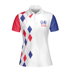 Golf Diva V2 Short Sleeve Women Polo Shirt, Red And Blue Argyle Pattern Golf Shirt For Golf Ladies - Hyperfavor