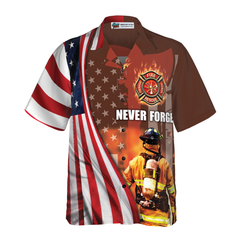 Never Forget Retired Firefighter American Flag Hawaiian Shirt, Red Axe And Logo Proud Firefighter Shirt For Men - Hyperfavor