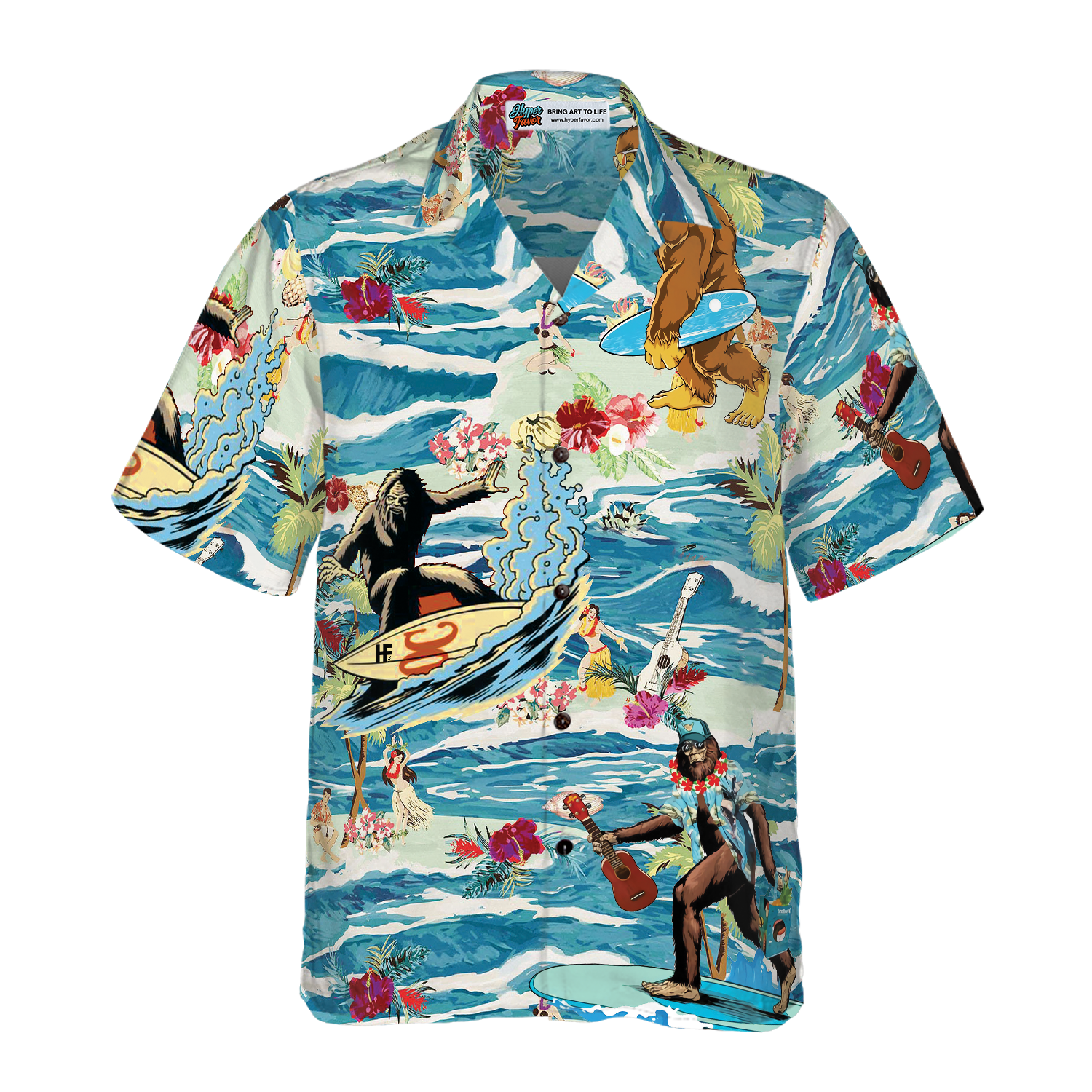 Surfing Bigfoot Aloha Vacation Bigfoot Hawaiian Shirt, Tropical Ocean Wave Vintage Bigfoot Shirt For Men - Hyperfavor