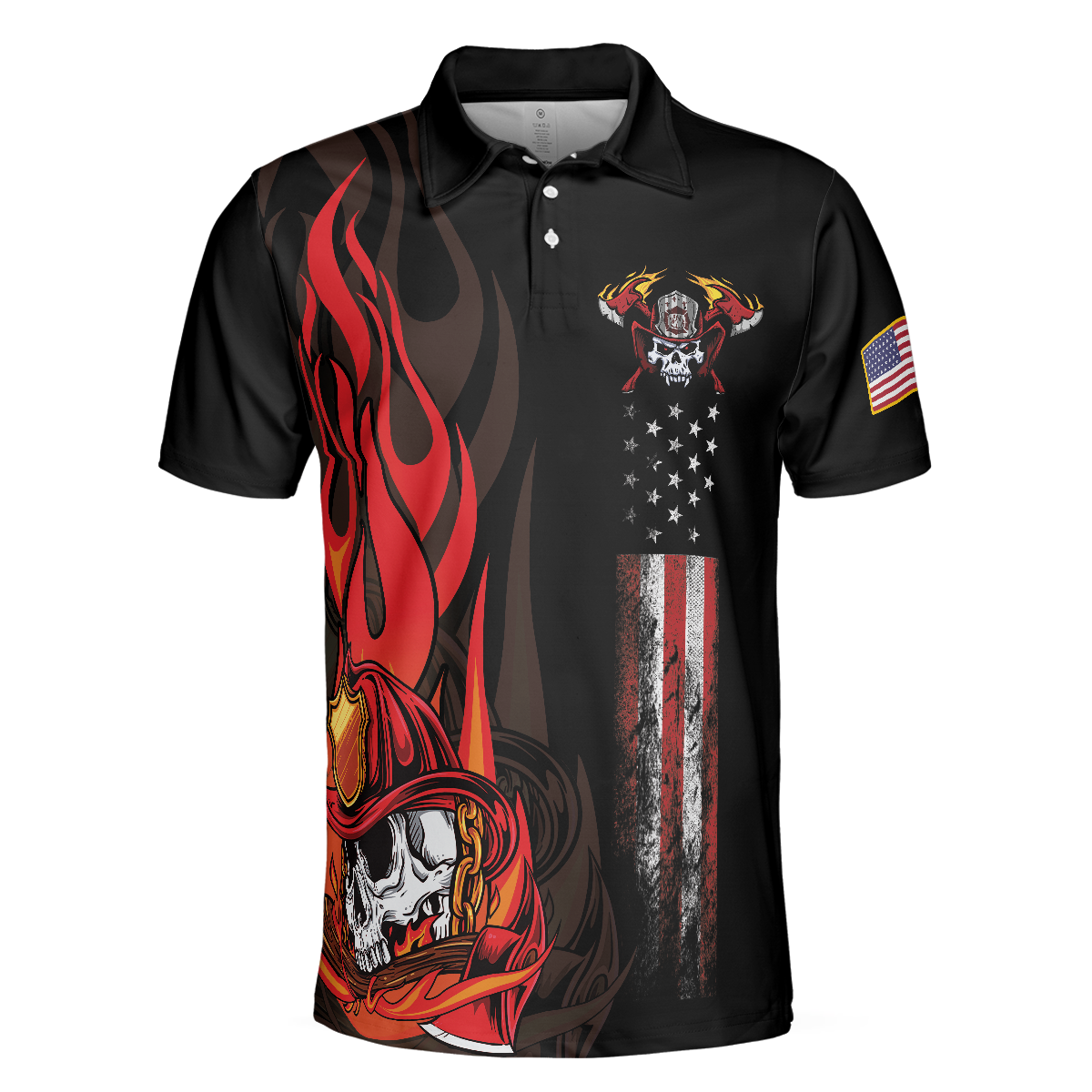 Firefighter Skull Flame Short Sleeve Polo Shirt, Black American Flag Firefighter Shirt For Men - Hyperfavor