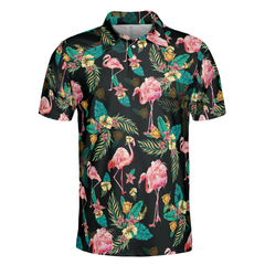 Flamingo Tropical Pattern Polo Shirt, Flamingo Print Shirt For Adults, Pink Flamingo Short Sleeve Shirt - Hyperfavor