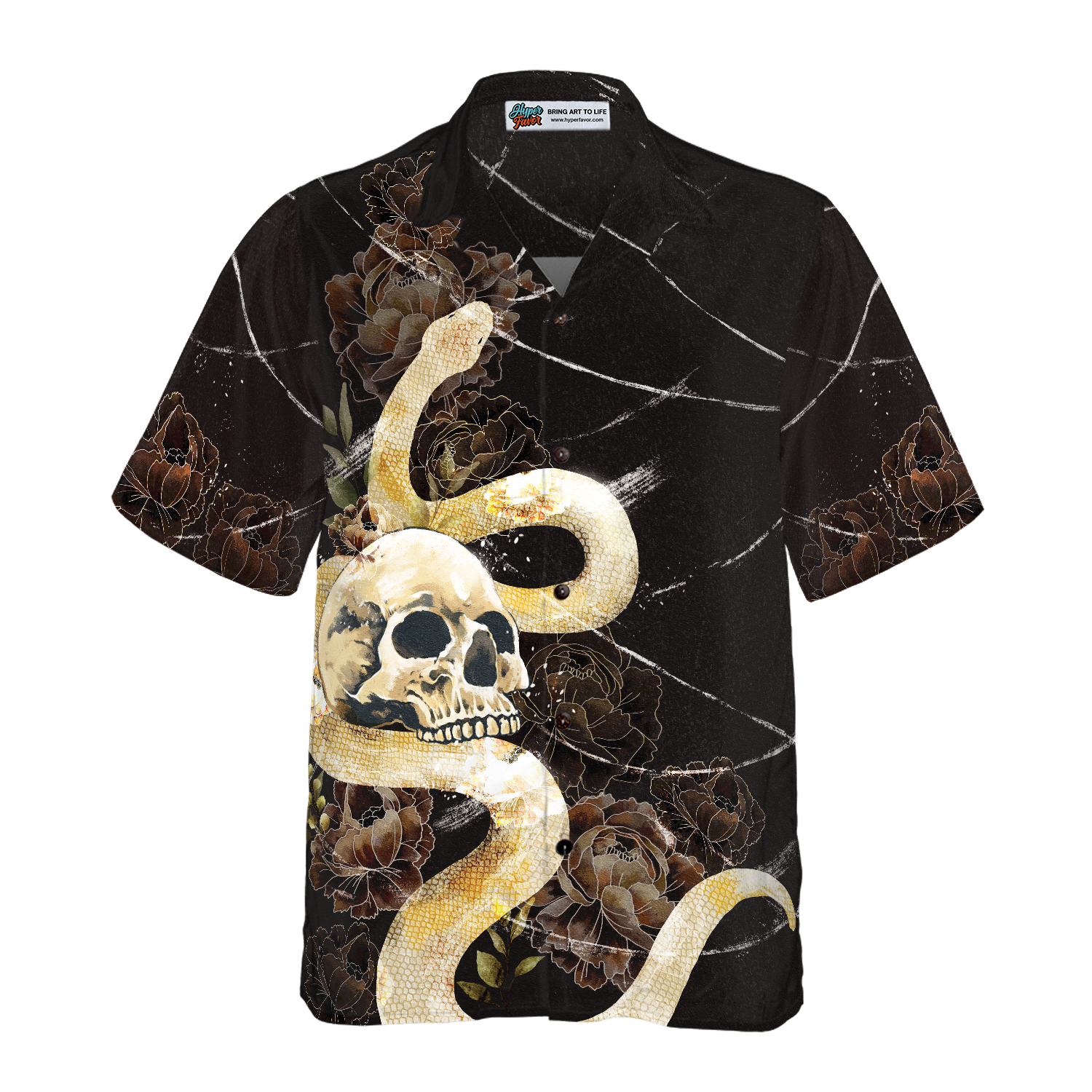 Gothic Skull with Snake Hawaiian Shirt For Men, Black Peony Flowers Goth Hawaiian Shirt - Hyperfavor