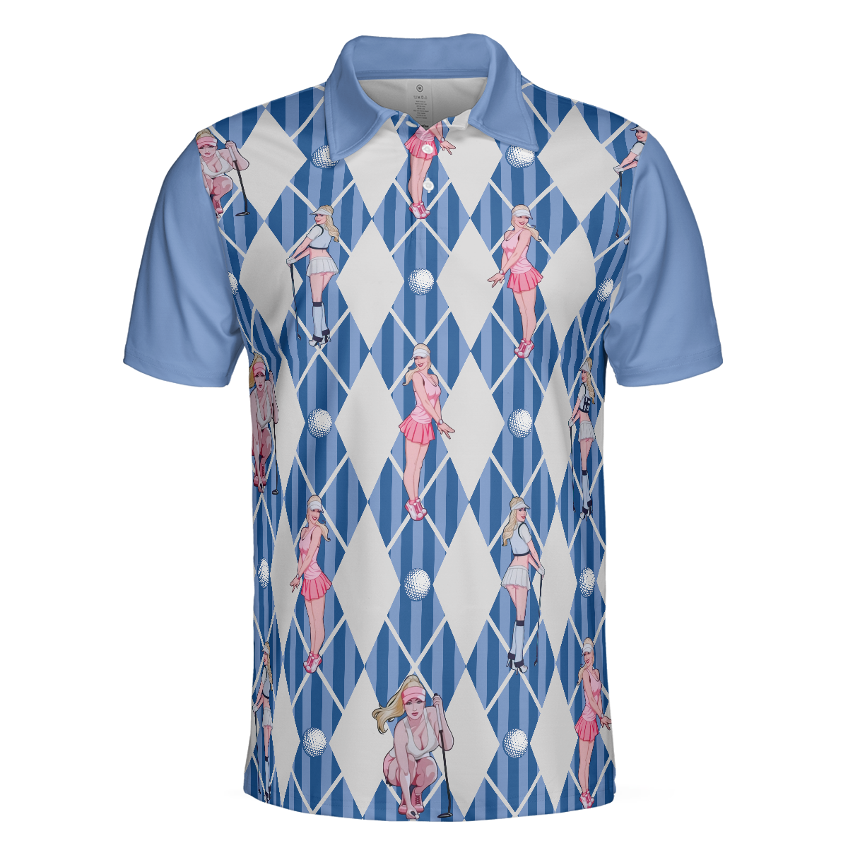 Blue Hot Golf Short Sleeve Polo Shirt, Argyle Pattern Fun Golf Shirt For Men - Hyperfavor