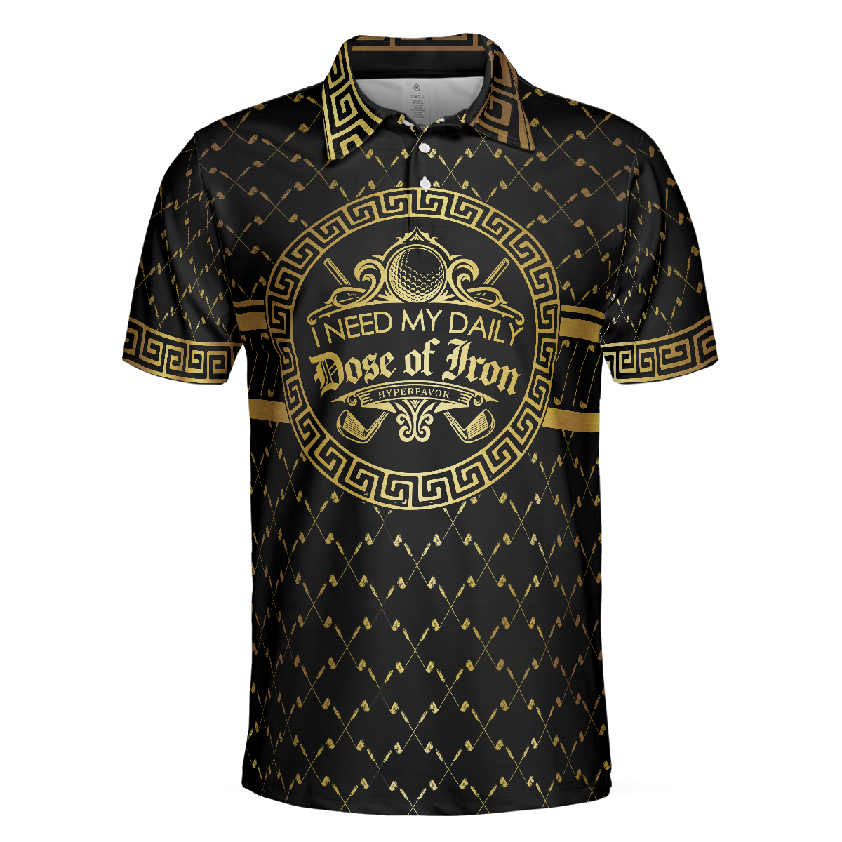 I Need My Daily Dose Of Iron Black & Gold Polo Shirt, Luxury Golden Greek Golf Shirt For Men - Hyperfavor