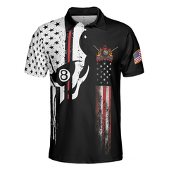 Skull Billiards Pool Polo Shirt, Black And White American Flag Polo Shirt, Patriotic Billiards Shirt For Men - Hyperfavor