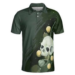 Water Color Golf Skull with Golf Ball Short Sleeve Polo Shirt, Dark Green Golf Shirt For Men - Hyperfavor