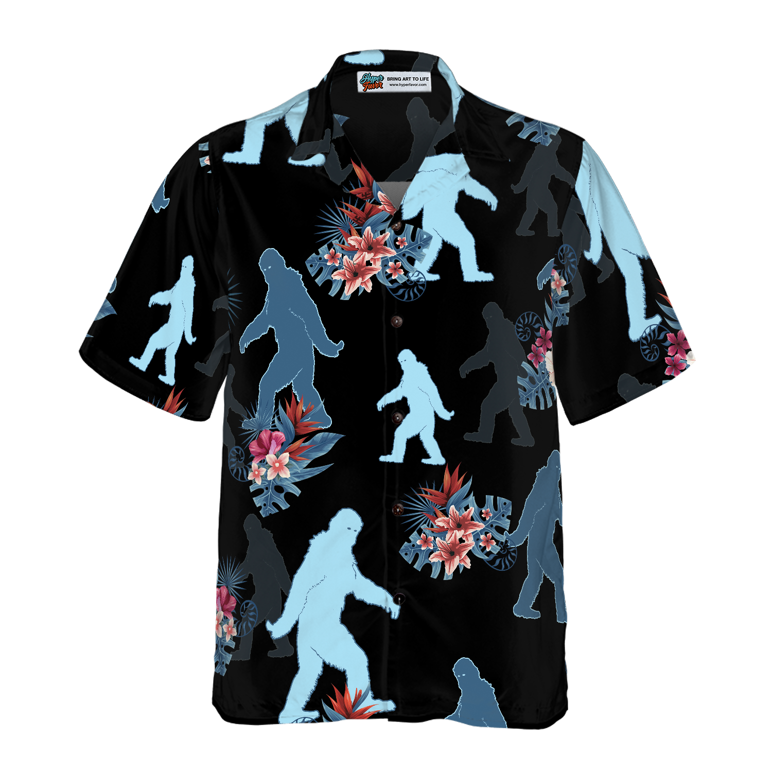 Bigfoot & The Tropical Leaves Bigfoot Hawaiian Shirt, Black Tropical Floral Bigfoot Shirt For Men - Hyperfavor