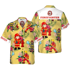 Graphic Proud Firefighter Hawaiian Shirt, Cream Tropical Floral Firefighter Shirt For Men - Hyperfavor