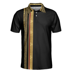 Luxury Baroque Pattern Eagle Badge Golf Polo Shirt, Golden Greek Key Pattern Polo Shirt, Best Golf Shirt For Men - Hyperfavor