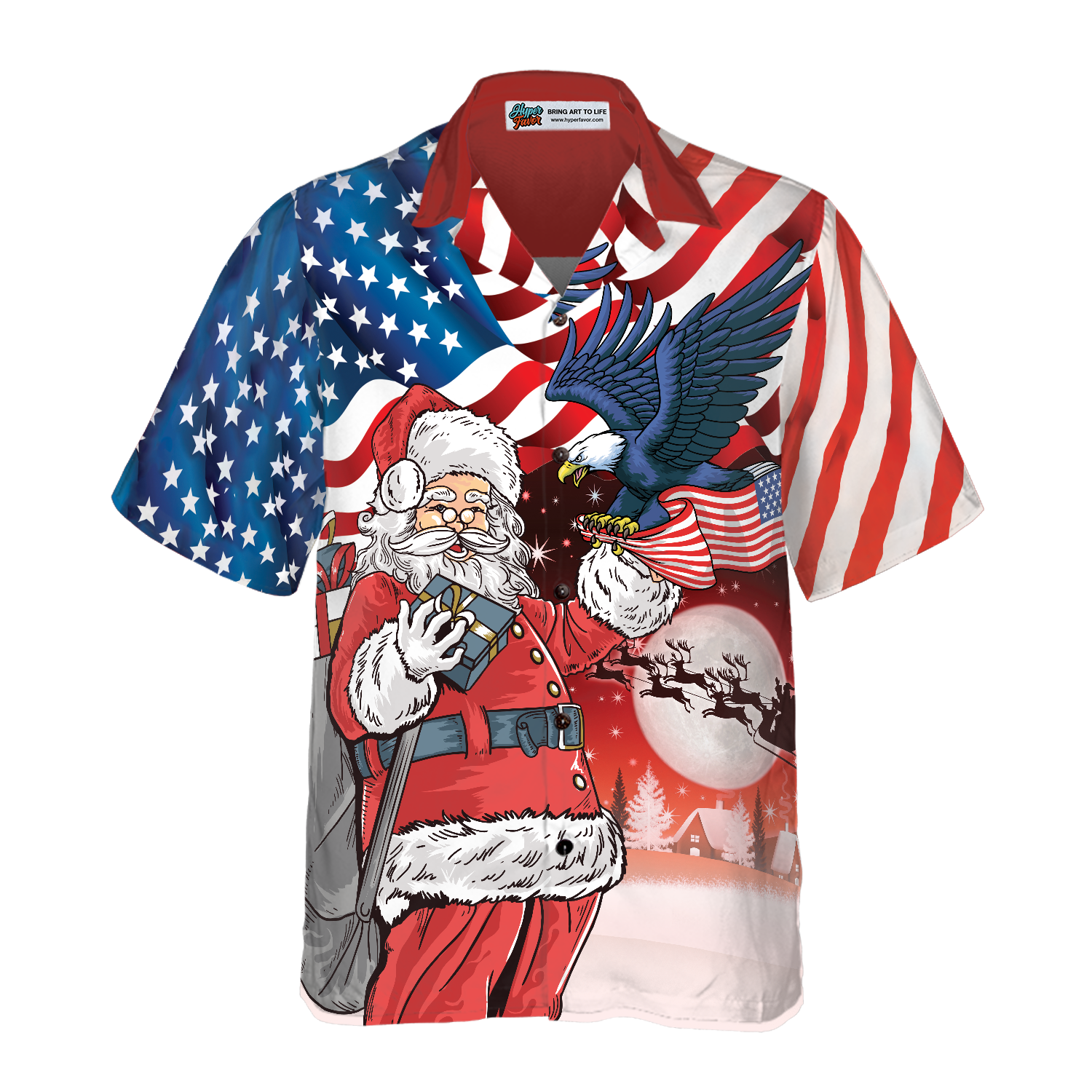 Hyperfavor Christmas Hawaiian Shirts, Eagle Perched On Santa's Hand With American Flag Background Shirt Short Sleeve, Christmas Shirt Idea Gift For Men And Women - Hyperfavor