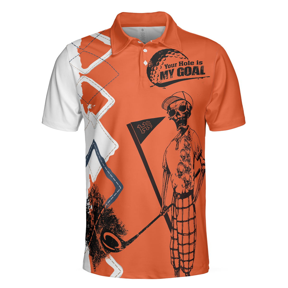 Your Hole Is My Goal Golf Polo Shirt, Orange Argyle Pattern Skeleton Golfer Polo Shirt, Best Golf Shirt For Men - Hyperfavor